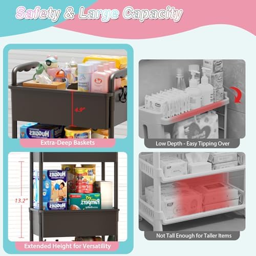 SUNALLY Baby Diaper Caddy Cart,3 Tier Rolling Diaper Cart for Nursery - Image 3