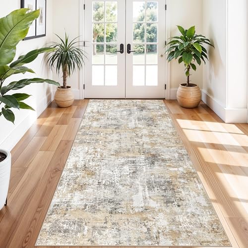 4x12 Wide Hallway Runner Rug – Non-Slip Washable Rubber-Backed Large Carpet Runner for Kitchen, Entryway, Bathroom, Modern Abstract Low-Pile Thin Floor Mat for Living Room, Dining Room (Gold/Grey) by ZHXXUJ