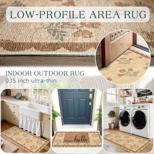 Front Door Mat Indoor Entrance - 2x4.3 Ft Tan Floral Washable Layered Doormat Outdoor Entrance Porch Rug Non-Slip Neutral Country Jute-Look Runner Rug for Kitchen Mud Laundry Room Porch Decor - Image 6