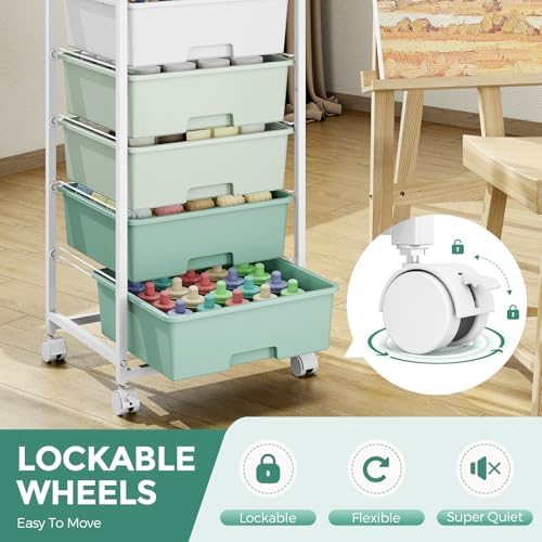 6 Drawer Rolling Storage Cart with Wooden Top and Wheels for Crafts,Green - Image 5