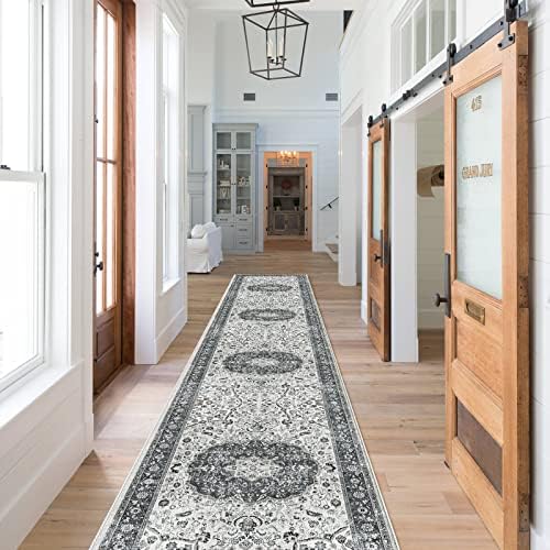 Hallway Washable Runner Rug - 2x10 Kitchen Rugs Entryway Rug Runner Vintage Soft Floor Mat Non Slip Indoor Farmhouse Carpet for Bathroom Living Room Bedroom (2 X 10, Grey) by HYHAOYUNLAI