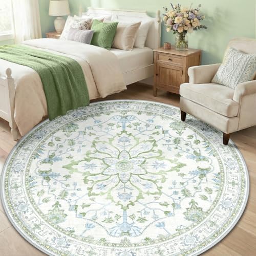 RELEANY Washable Area Rug, Round 6ft, Green/White/Blue - Image 3