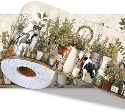 Farmhouse Wallpaper Border Wall Border Trim Peel and Stick 19.7 x 4 Inch Cattle Floral Jar Pattern PVC Decorative Molding Stickers for Bathroom Laundry Kitchen Backsplash Home Decoration by PRESSINART