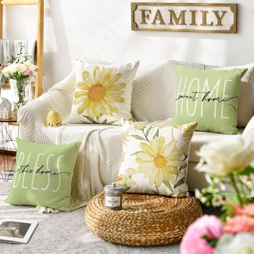 AVOIN colorlife Home Sweet Home Spring Summer Flowers Green Throw Pillow Covers, 20 x 20 Inch Cushion Case for Sofa Couch Set of 4 - Image 2