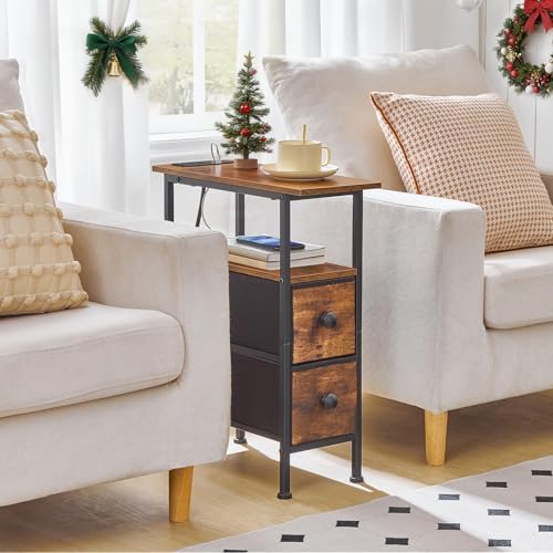 HOOBRO End Table with Charging Station, Narrow Side Table with 2 Fabric Drawers, Skinny Nightstand with Storage, Slim Bedside Table for Living Room, Small Spaces, Rustic Brown and Black BF487UBZ01 - Image 4