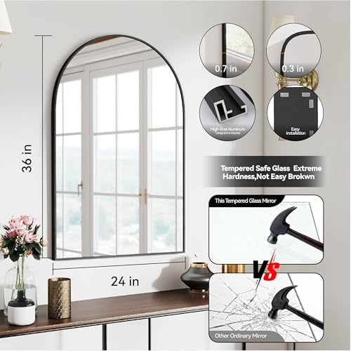 SCWF-GZ 36x24 Arch Mirror Rectangle Full Length Wall Mounted Hanging or Against Wall Metal Aluminium Alloy Frame Dressing Make-up Mirrors for Entryway Bedroom Bathroom Living Room 36 24 inch Black - Image 3