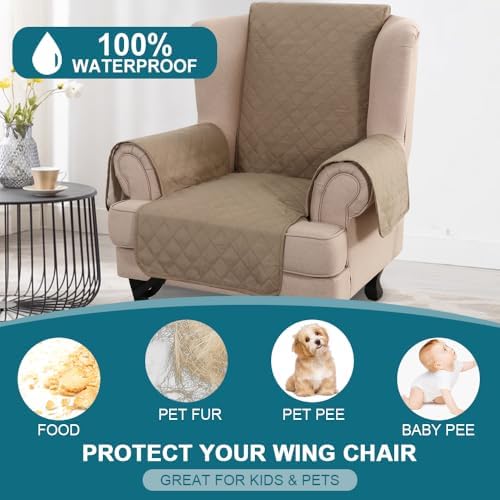 Turquoize 100% Waterproof Wing Chair Cover Wing Armchair Slipcovers, Taupe - Image 2