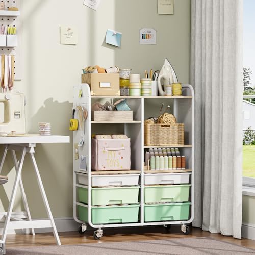 APEXCHASER 6 Drawers Rolling Storage Cabinet with Wood Top& Pegboards Green - Image 2