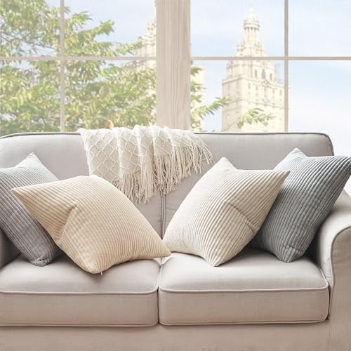 Topfinel 4 Packs Neutral Decorative Throw Pillows Covers 12x12 Inch for Living Room Couch Bed Sofa, Rustic Farmhouse Boho Neutral Home Decor, Soft Plush Striped Corduroy Square Cushion Case 30x30 cm - Image 2