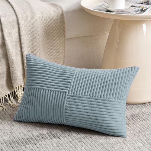 Fancy Homi Set of 2, Light Blue Patchwork Corduroy Decorative Soft Striped Modern Accent Cushion Case Farmhouse Boho Neutral Throw Pillow Covers for Chair Couch Bed Sofa Living Room 32x16 Inch - Image 2