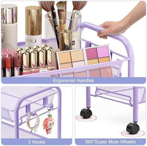 TOOLF 4 Tier Rolling Cart, Metal Utility Storage Cart with Wheels, Purple | 3 Hooks, Screwless Assembly, Trolley Organizer for Bathroom, Kitchen, Office, Nursery, Dorm, Laundry Room - Image 4