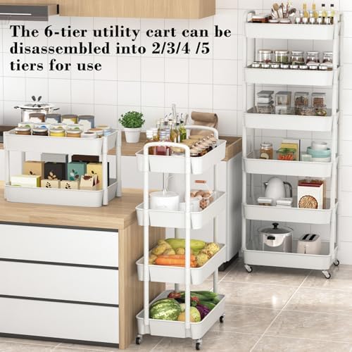 Sywhitta 6-Tier Plastic Rolling Utility Cart with Wheels for Storage,White - Image 2