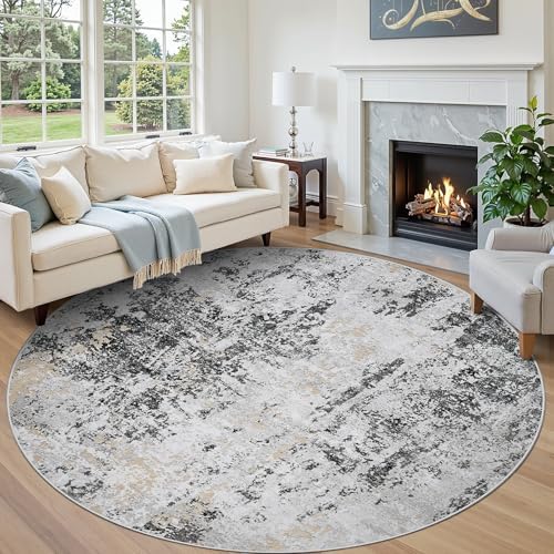 Round Rug 8ft Washable Rug for Dining Room Living Room Black Grey Gold by Aelenmu