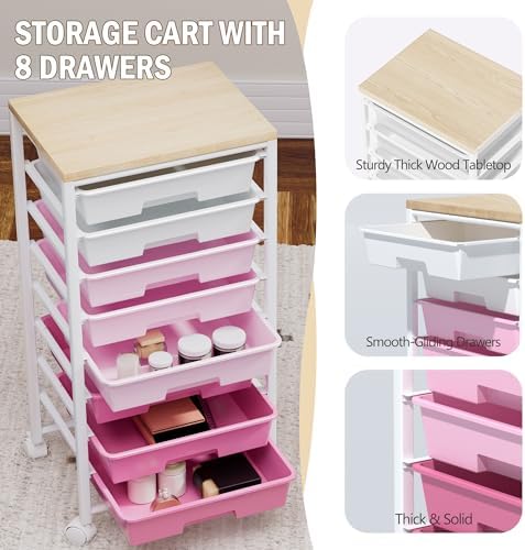 Rolling Cart with 8 Drawers, Storage Drawers Cart with Wooden Tabletop and Lockable Wheels, Craft Storage for Living Room, Office, Classroom, Craft Room, Bedroom - Image 5