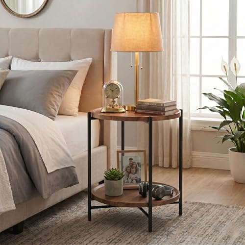 TeoKJ 2 Tier Small Side Table, Folding Round Metal End Table with Two Removable Wooden Tray, No Assembly Nightstand for Bedroom Living Room Bedside Round Bedside Table for Small Spaces, Walnut - Image 2