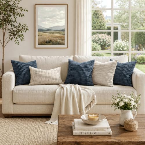 MIULEE Corduroy Decorative Throw Pillow Covers 18x18 Blue Pack of 2 - Image 3