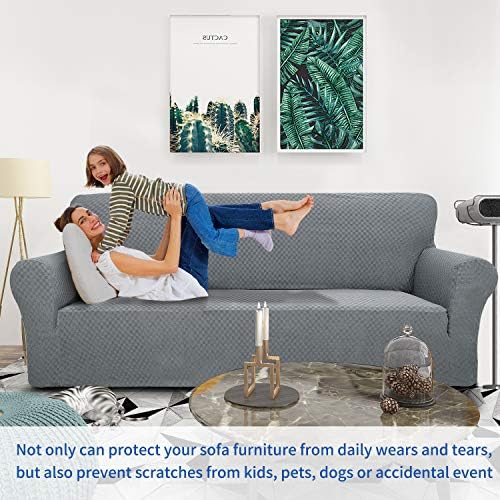 ZNSAYOTX 1 Piece Jacquard Couch Covers for 2 Cushion Couch High Stretch Loveseat Slipcover for Pets Dogs Anti Slip Love Seat Sofa Slipcover Furniture Protector (Loveseat, Light Grey) - Image 2