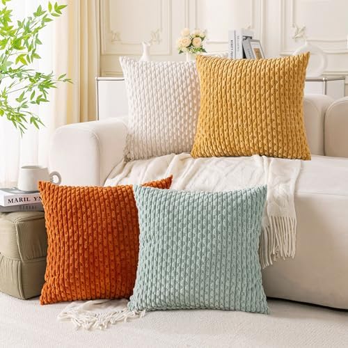 Set of 4 Yellow Rust Aqua Decorative Throw Pillow Covers 26x26 Inch Corduroy Pillow Covers for Bed Couch Sofa Living Room Soft Square Cushion Cases by Cozoomy