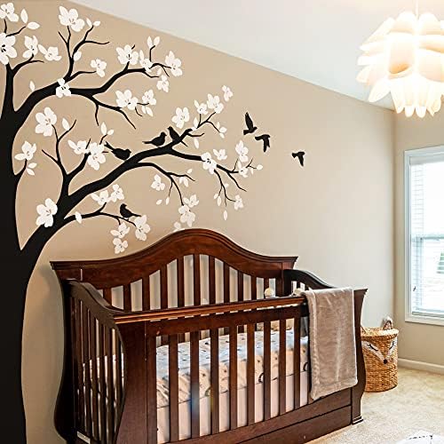 Large Corner Tree Wall Decal with Big Blossoms, Birds and Leaves Nursery Wall Art Sticker Mural 087 (Leaning Right, Black, White) by StudioQueeWallDecals