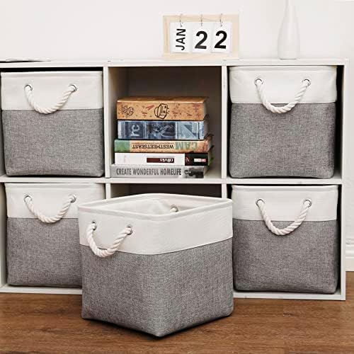 Cube Storage Bins, 6 Pack Collapsible Fabric Storage Cubes, 11 Inch Cube Organizer Bins with Handles (White/Gray) - Image 5