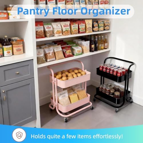 2 Tier Short Rolling Cart with Wheels All-Metal Pink Pantry Storage for Kitchen,Under Desk Trolley with Handle Small Wheeled Storage Cart for Laundry Room Bathroom, Under Table Small Space - Image 2