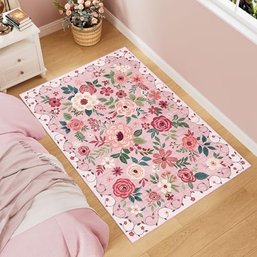 DUKINO 3x5 Area Rug, Floral Washable Rug for Bedroom Non Slip, Pink by DUKINO