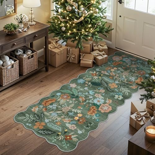 2x5 Washable Kitchen Area Rug: Floral Scalloped Entryway Runner Farmhouse Non-Slip Floor Carpet for Hallway Bathroom Soft Comfort Tile/Hardwood Floors Protection Mat Cute Home Decor(2x5, Floral/Green) by HYHAOYUNLAI