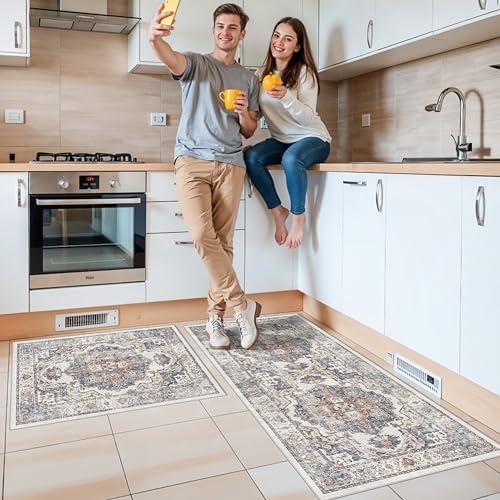 2-Piece Kitchen Runner Rug Set: Washable Non-Slip Floor Mats for Sink & Stove Cooking Area Soft Low Pile Water-Resistant Carpet for Dishwasher Fridge Fronts Durable Kitchen Island Mats(2x3+2x4,Brick) - Image 2