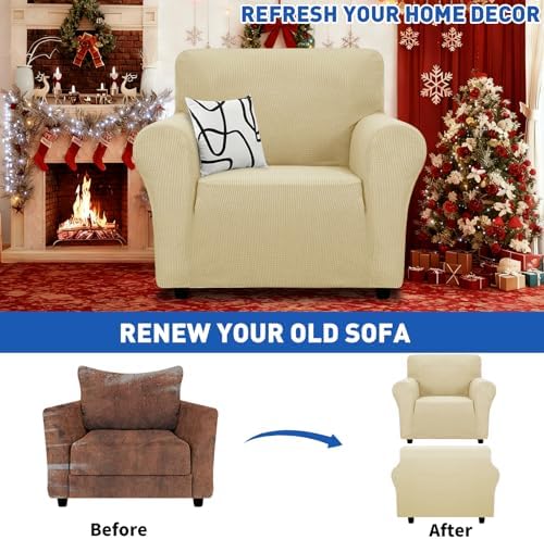 MAXIJIN Stretch Chair Cover Chair Slipcovers with Arms, 1-Piece Couch Sofa Chair Covers for Living Room, Non Slip Armchair Cover (31"-46") Furniture Protector Dogs Pet Friendly (Chair, Beige) - Image 3