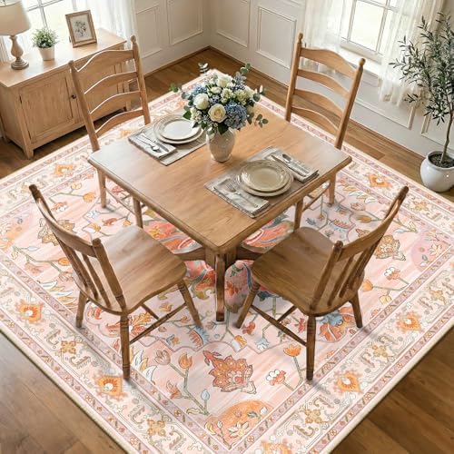RELEANY Washable Area Rug, Round 7ft, Pink/Light Pink/Colorful by RELEANY