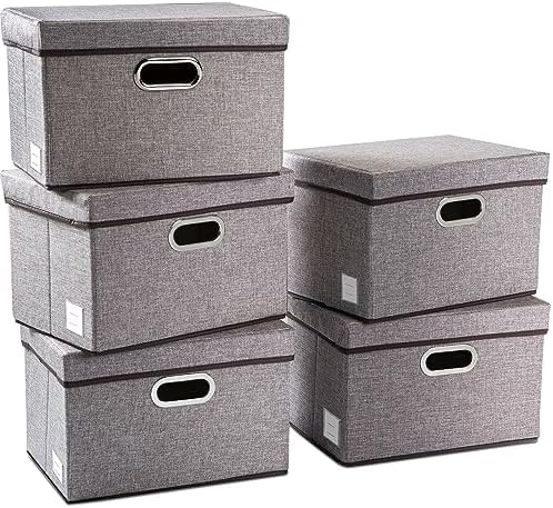 PRANDOM Collapsible Storage Containers with Lids [5-Pack] Linen Fabric Foldable Storage Bins Boxes Organizer Baskets Cube with Cover for Home Bedroom Closet Office Nursery (14.9x9.8x9.8) by Prandom