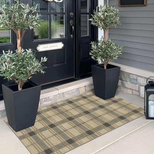 Front Door Mat Indoor Entrance - 2x4.3 Taupe Beige Tartan Plaid Rug - Image 4