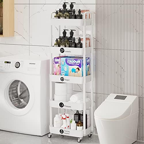 Laiensia 5-Tier Rolling Cart with Wheels,Multifunction Utility Storage Carts, Kitchen Storage Organizer,Mobile Shelving Unit for Bathroom,Laundry,with Classified Stickers,White - Image 3