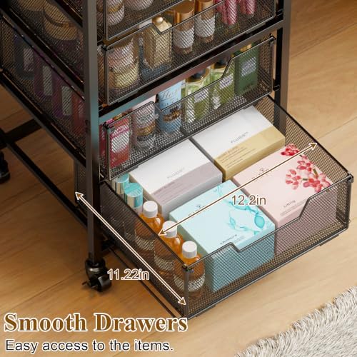 Storage Drawer Cart with Wood Top, 150 LBS Heavy Duty Metal Mesh Drawer Unit, Rolling Organizer with Anti-Drop Tracks for Closet, Bedroom Vanity, Kitchen Pantry, Office, Bathroom - Image 3