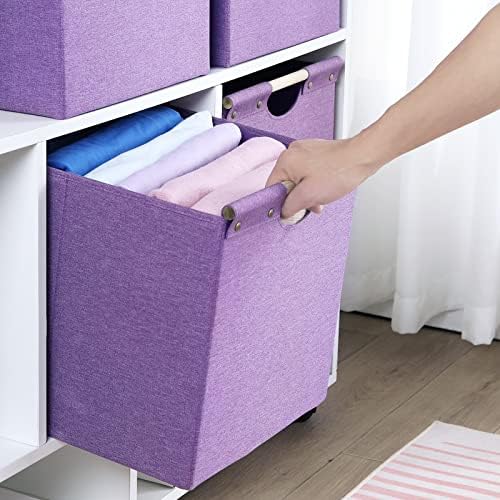 HOONEX Large Foldable Storage Bins, Linen Fabric, Pack of 2, Storage Baskets with Wooden Carry Handles and Sturdy Heavy Cardboard, for Home, Office, Car, Nursery, Purple - Image 5