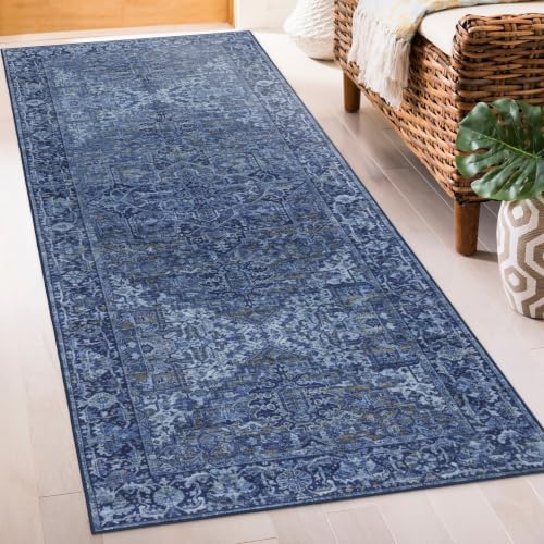 ReaLife Rugs Machine Washable Area Rug Runner - Living Room Bedroom Bathroom Kitchen Entryway Office - Padded Low Pile Stain Resistant Premium - Boho Vintage Traditional - Lyle - Blue 2'6" x 6' by ReaLifeRugs