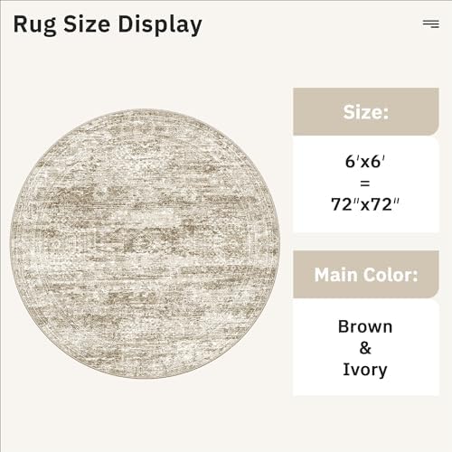 Soalmost 6x6 Brown Round Rug 6ft Circle Living Room Area Rugs Non-Slip - Image 5