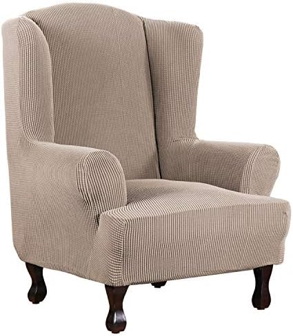 H.VERSAILTEX Wing Chair Slipcover Chair Covers for Wingback Chairs Wingback Chair Covers Slipcovers 1 Piece Stretch Sofa Cover Furniture Protector Soft Spandex Jacquard Checked Pattern, Sand by HVERSAILTEX