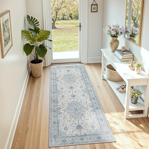 RELEANY Washable Area Rug, Runner 2'x5', Blue/White/Gray by RELEANY