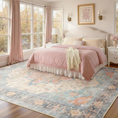 RELEANY Washable Area Rug, 7'x10', Blue/Orange/Red - Image 2