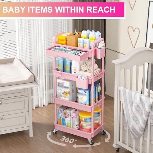 Goovilla 4 Tier Rolling Utility Cart Organizer with Removable Drawer, Pink - Image 6
