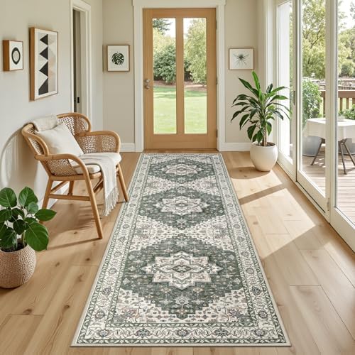 Hallway Runner Rug: 2.6x8 Kitchen Rugs for Living Room Green Ivory - Image 4