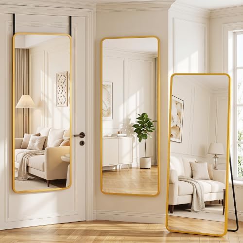 Suidia Full Length Mirror Over the Door&Wall Mounted, 58"x19" Door Mirror with Aluminum Alloy Frame, HD Shatterproof, No-Drill, Hanging Mirrors for Bedroom, Bathroom, Dorm, Closet, Rounded Rect, Gold - Image 2