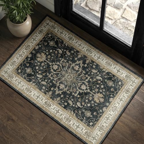 RELEANY Washable Area Rug, Small 2'x3', Black/Vintage/Beige by RELEANY