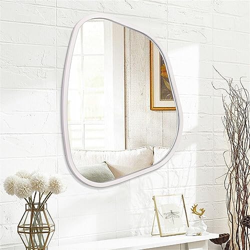 White Irregular Oval Wall Mirror Large 26"x18" Inches Asymmetrical Mirror Modern Wood Frame Unique Shape Wall Mounted Vanity Artistic Mirror Decor for Living Room Bedroom Bathroom Entryway - Image 2