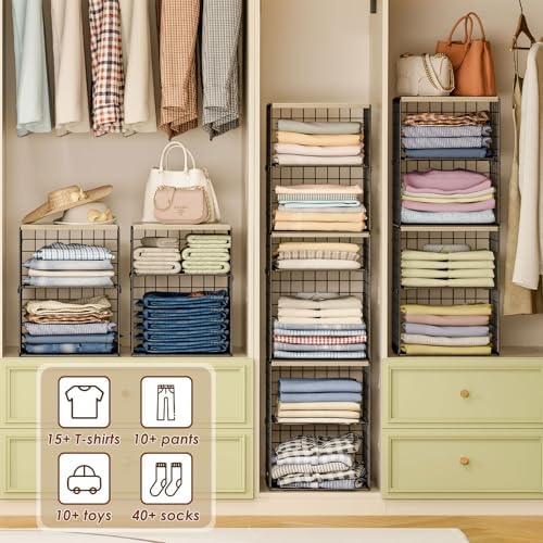 4-Tier Stackable Closet Organizers and Storage, Adjustable Dividers & Wood Top Storage Shelves for Clothes, Wardrobe & Closet Storage Basket Bins/Cube, Space-Saving Closet Organizer System, Black - Image 4