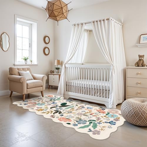 Washable 3x6 Hallway Runner Rug: Floral Scalloped Soft Runners for Entryway Kitchen Nursery Non Slip Bathroom Laundry Floor Mat Water Resistant Light Weight Carpet for Living Room Bedroom (3x6,Cream) - Image 2