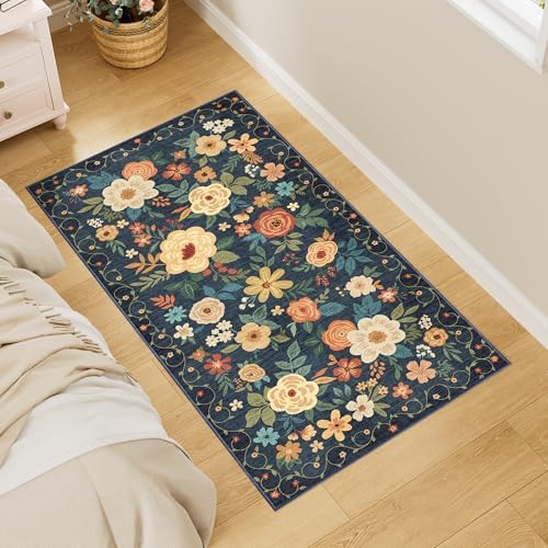 DUKINO 2x4 Entryway Rug, Floral Washable Kitchen Rugs Non Slip, Navy Blue - Image 3
