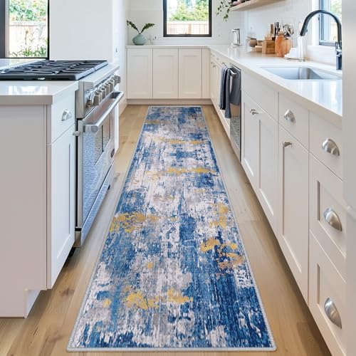 RELEANY Washable Runner 2'x10' Abstract Area Rug for Hallway Blue Gold - Image 3