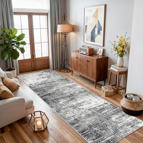 Washable 2X10 Kitchen Area Rug: Entryway Abstract Rug Runner Soft Bedroom Besides Floor Mat Non-Slip Indoor Farmhouse Carpet for Bathroom Living Room Stain Resistant Runner for Family(2x10,Black/Grey) - Image 4